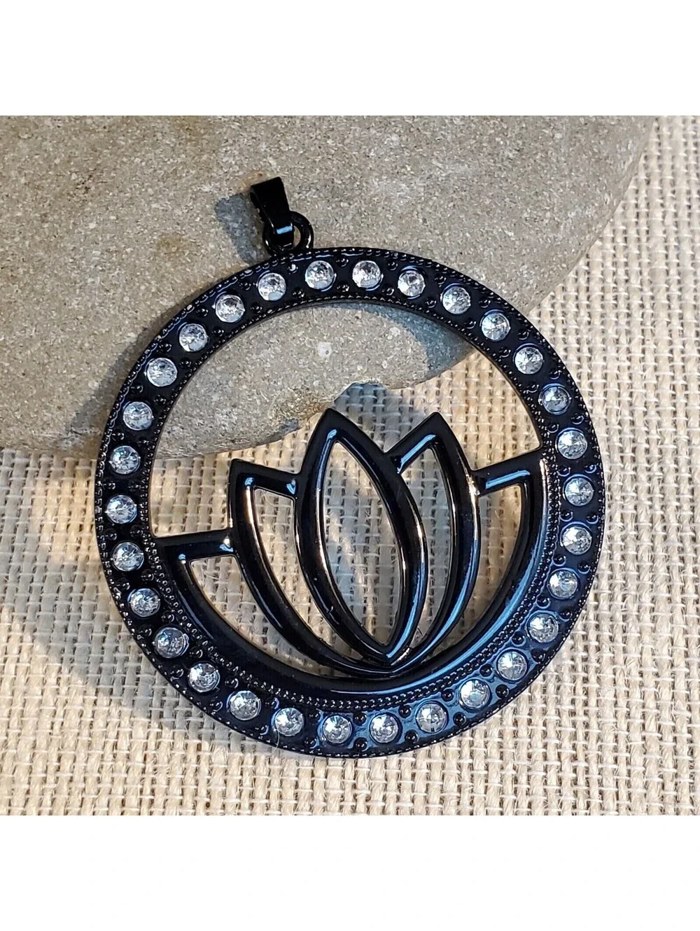 Art Deco Black Lacquer Lotus Flower Yoga Zen Large 63x54mm Crystal Pendant